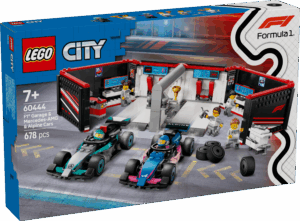 Lego-lelupakkaus, joka sisältää formula-aiheisten lelujen rakenteluosat.