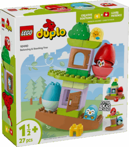 Lego duplo -lelupakkaus, joka siältää ensileluksi tarkoitetun tasapainottelu- ja pinoamislelun.